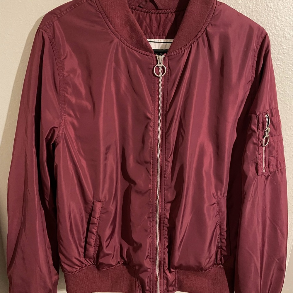 Garage Satin Burgundy Full Zip Bomber Jacket Large